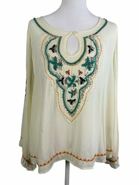 Liberty Love Cream Embroidered Keyhole Tunic with Teal and Orange Accents Size M
